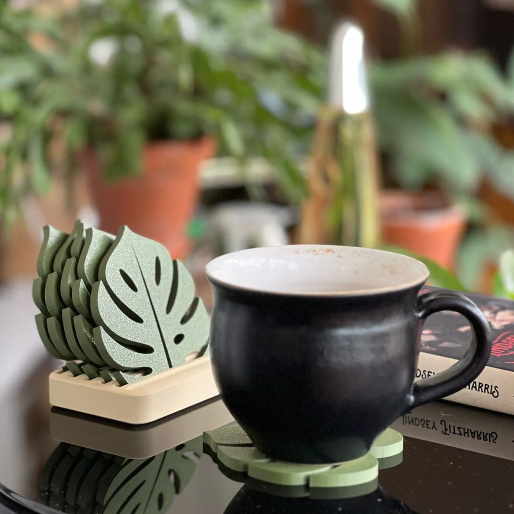 Posavasos hojas de monstera con soporte impresos en 3D